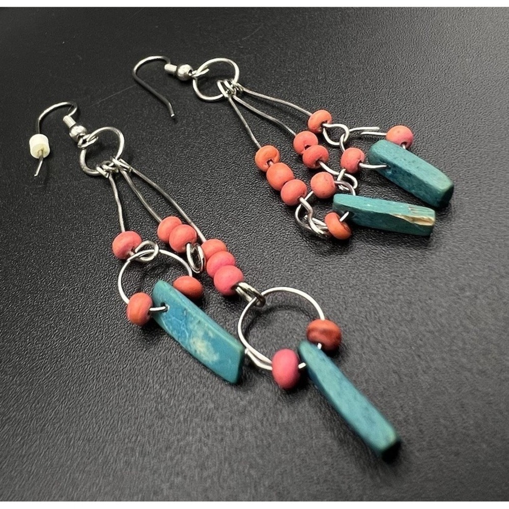 Handmade Boho Dangle Earrings Red Seed Beads Blue Turquoise Look Silver Tone